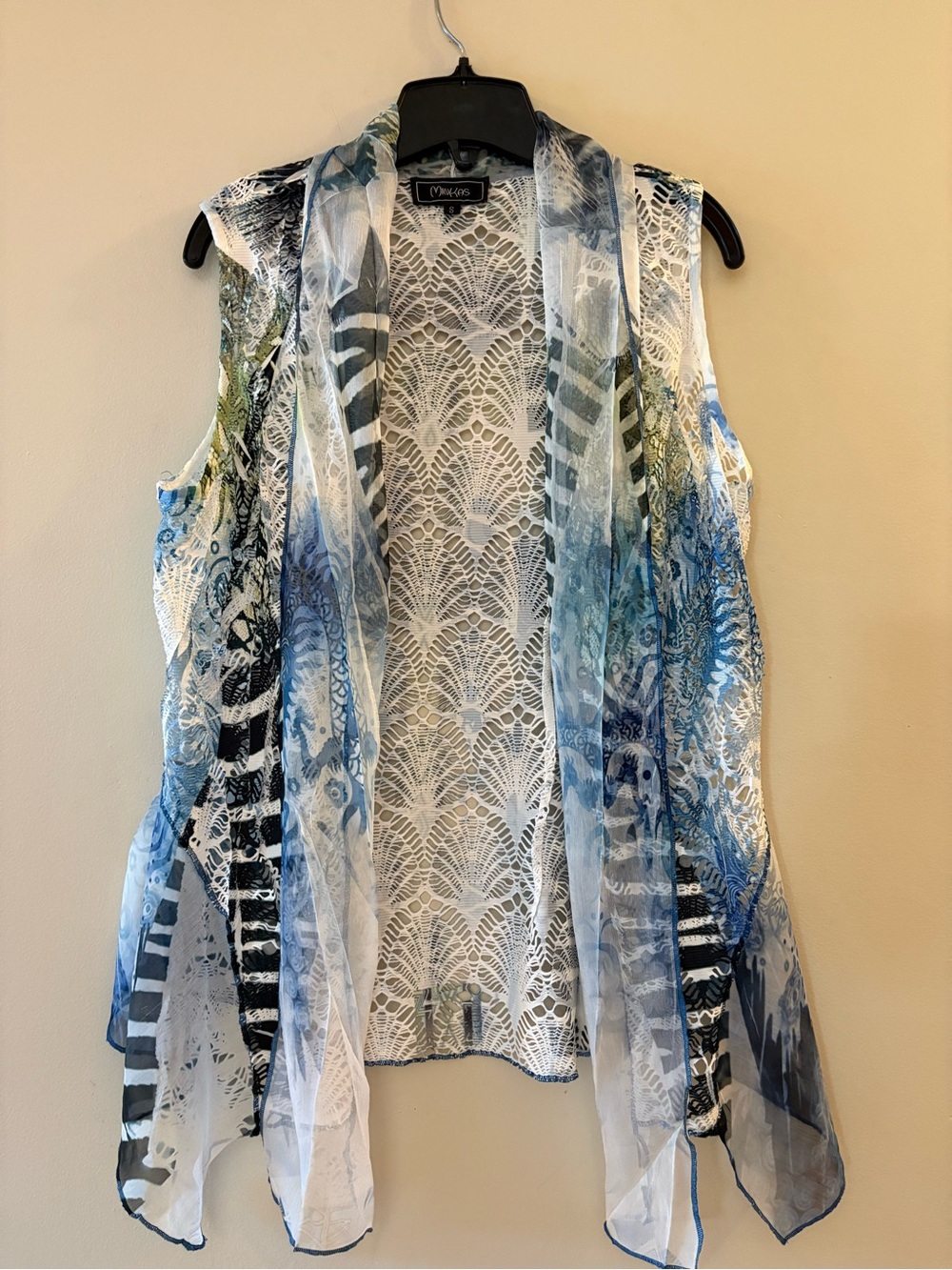 Minkas Blue Sheer Mesh Overlay Vest Cardigan women’s Sz S.